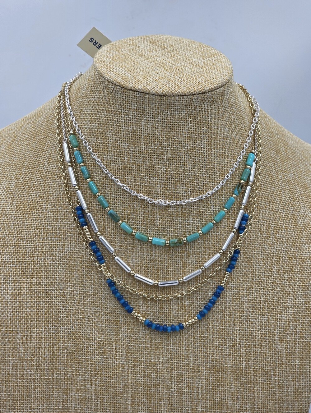 Lucky Brand Layered Blue & Teal Beaded Multi-Strand Necklace Coastal Boho New - Picture 2 of 5